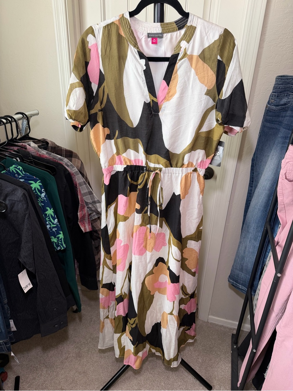 Vince Camuto Olive, Pink & White Floral Maxi Dress